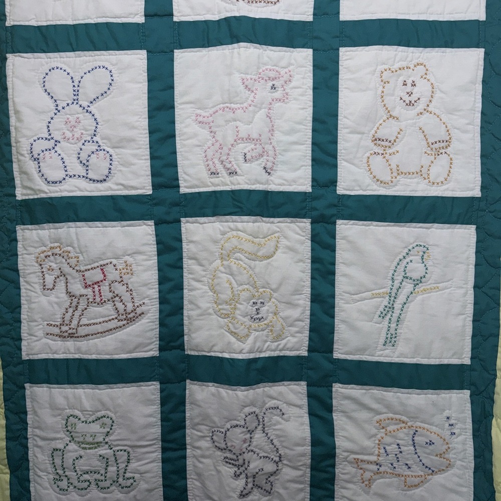 Vintage Cross Stitched Baby Quilt Completed 55X42"